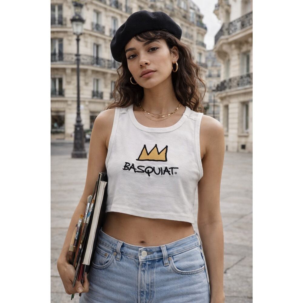 Jean Michel Basquiat Embroidered Cropped White Baby Tee Tank Top XS Art To Wear